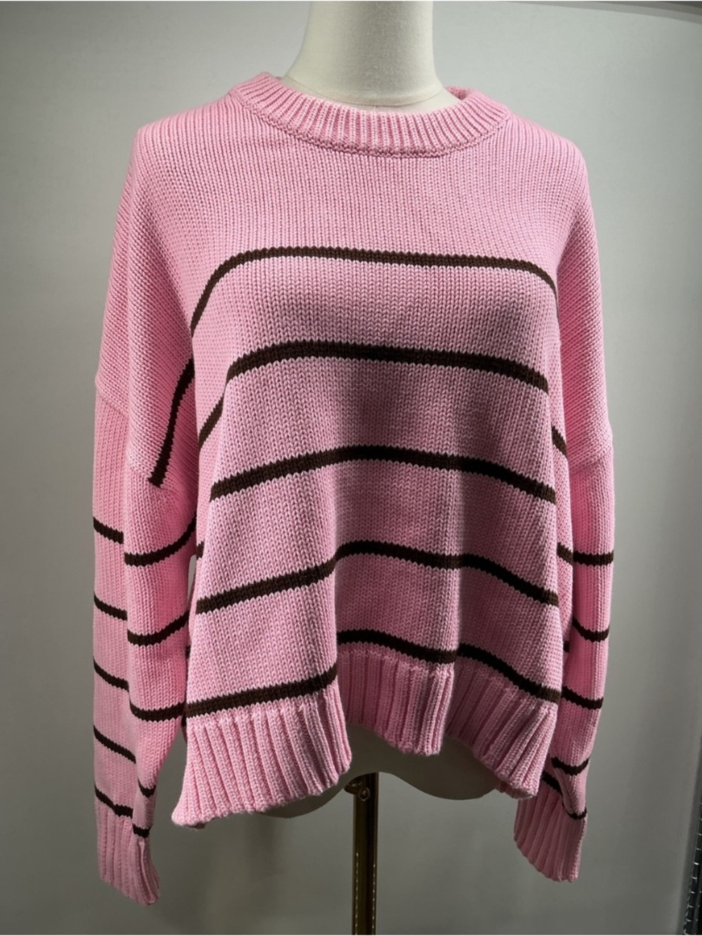 Quince striped XL cotton crew sweater bubblegum/fudge